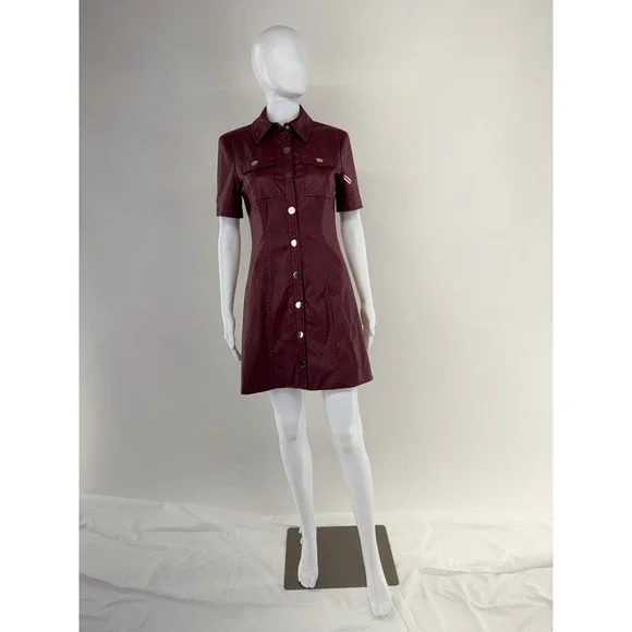 TOCCHIN x RTR Burgundy Faux Leather Shirt Dress Button Front Short Sleeve  Size 4